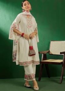 Ensemble Kurta Pant avec Dupatta Salwar Suit pour femmes Trendmalls, broderie ethnique, mariage, toutes saisons (G287-Offwhite) - Product Image 4