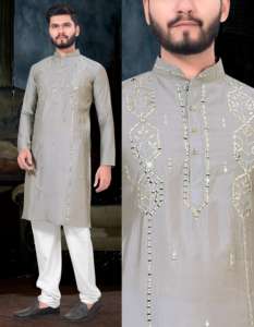 Dhwaja Export Kurta traditionnelle en soie pour hommes avec motif de style solide Mariage élégant et toutes occasions Style Regal - Product Image 2
