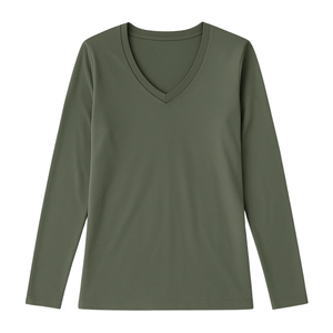 T-shirt à manches longues pour femme, vert forêt, col en V, 100% coton biologique certifié GOTS, doux, respirant, séchage rapide - Product Image 1