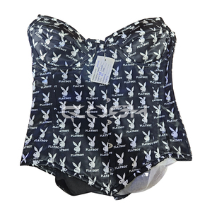 Corset en satin noir et blanc, style mode, avec baleines en acier, imprimé Playboy Bunny, à fermeture frontale. - Product Image 1