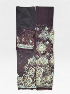 Dark Brown Beaded George Fabric Silver Floral Paisley Embroidery <b>Mint</b> Accents Heavy Sequin Border 100% Polyester Anti-static - Product Image 3