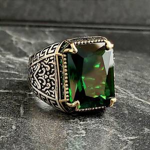 Men's Vintage Style 925k Sterling <b>Silver</b> <b>Ring</b> with <b>Emerald</b> Green Zircon Gemstone Handmade 925k Sterling Si Jewelry - Product Image 1