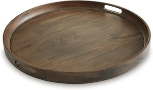 Bandeja de servicio de madera redonda informal marrón oscuro con asa ecológica - Product Image 2