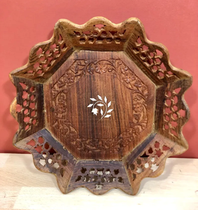 Cuenco de madera tallado a mano vintage y bandeja con incrustaciones hecha en India elegante bandeja de madera para servir para decoración del hogar - Product Image 2