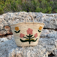 Sac de plage marocain en paille tressé à la main, forme selle, imperméable, tendance, brodé, deux poignées, motifs floraux, pour femme, été 2024