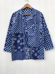 ชุดนอนผ้าฝ้ายอินเดียสีคราม ชุดนอนผ้าฝ้ายทำมือ พิมพ์ลายดอกไม้ด้วยมือ ชุดนอนอินเดีย ชุดเดรสผ้าฝ้าย - Product Image 3