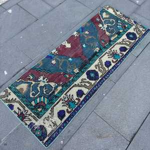 Alfombra Turca de 1.6x4.3 pies, Alfombra, Alfombra Azul con Diseño Floral de Lana - Product Image 2