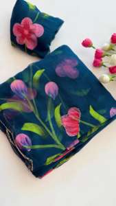 ผ้าซิ่นชีฟองไหมอินเดียสำหรับผู้หญิงแบบใหม่ งานปักลายดอกไม้และงานฝีมือ  มีสินค้าในสต็อก - Product Image 4