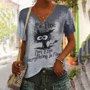 2025เสื้อยืดผู้หญิงเสื้อยืดพิมพ์ลายการ์ตูนแมวไซส์ใหญ่พิเศษสำหรับฤดูร้อนเสื้อเชิ้ตแขนสั้นคอวี - Product Image 5