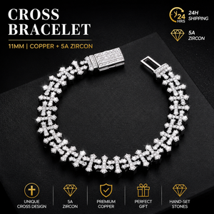 Bracelet Hip Hop 11 mm avec croix, entièrement pavé de micro-zircons, chaîne croix pour hommes et femmes, à porter au quotidien - Product Image 1