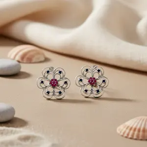 Pendientes de Flores de Plata de Ley 925 con Rubí y Zafiro de Moda para Mujer, Chapados en Oro con Certificado GIA, con Diamantes y Circonitas, Tipo Gota y Tipo Broche - Product Image 2