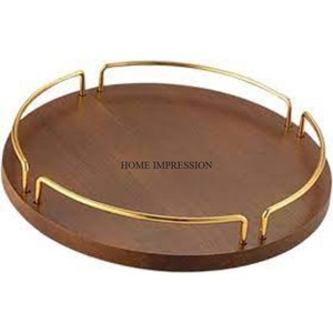 Heavy Duty Metal Silver Color Shiny Polished Unique Designer Handles Round Shape Acacia <b>Wooden</b> <b>Tray</b> <b>Table</b> Centerpiece From India - Product Image 3