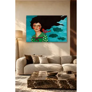Fida Girl avec des cheveux ondulés dans un ciel turquoise et un oiseau rouge, impression sur toile - Product Image 1