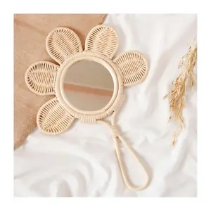 Crianças crianças brinquedos luxo compacto espelho flor em forma mini maquiagem pequena mão rattan vime artesanal espelhos