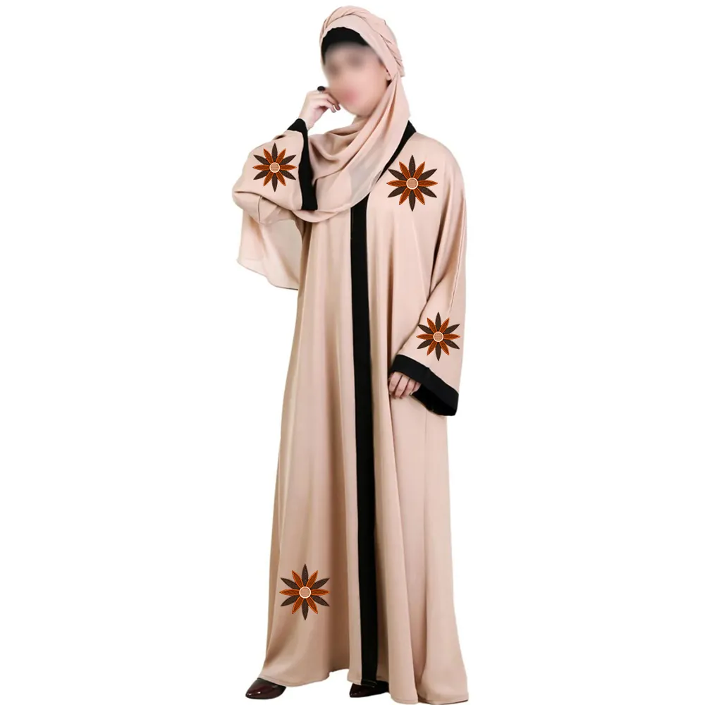 Bescheiden Islamitische Abaya Top Voor Dames Casual Zomer 2023 Lange Moslim Kleding Jurken Beige Kleur Met Kastanjebruin Kleurstof Borduurwerk