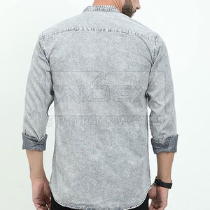 Chemise en jean pour homme, col mandarin, manches longues, couleur unie, coupe ajustée, respirante, délavée, style décontracté - Product Image 2