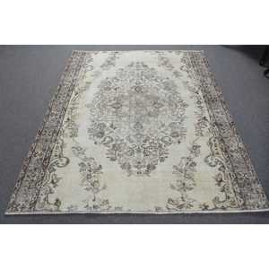 5.2x6.2 ft Rug, Vintage Rug, Turkish <b>Brown</b> <b>Wool</b> Bordered Rug - Product Image 1