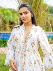 Robe courte bohème blanche pour femmes, en coton imprimé, robe d'été légère, tenue de villégiature, robe courte bohème blanche pour femmes - Product Image 5