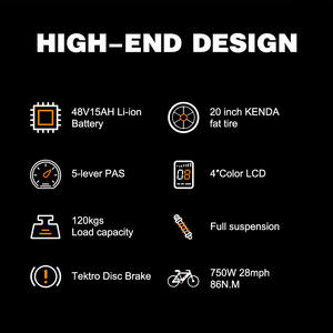 Customizable 750W Rear Hub Motor E-<b>Bike</b> with Lithium Battery Full <b>Suspension</b> <b>Mountain</b> Fatbike for 60km Range US Stock - Product Image 2