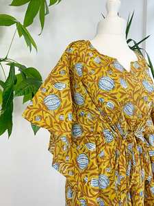 ชุดกิโมโนผ้าฝ้ายแท้พิมพ์ลายดอกไม้สไตล์อินเดียสำหรับฤดูร้อนชุดคลุมชายหาดชุดคลุมคลุมสำหรับคุณแม่สีเหลืองดิน - Product Image 2