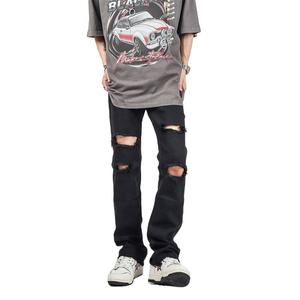 กางเกงยีนส์ขาตรงปักลายสำหรับผู้ชายผ้าฝ้ายระบายอากาศได้ดีผ้าเดนิมเย็บปะติดแบบลำลองสำหรับฤดูร้อน - Product Image 3