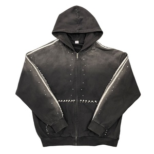 Sweat-shirt à capuche zippé Streetwear Hip Hop délavé à l'acide avec logo personnalisé, strass et design graphique bling - Product Image 1