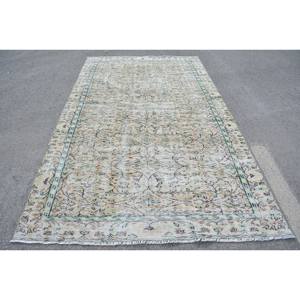 Tapis turc vintage vert beige classique 5.5x9.4 pieds laine patchwork grande surface avec support en latex pour couloir ou chambre à coucher - Product Image 1