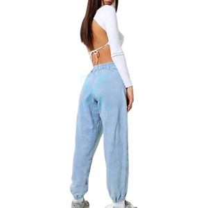 Hot New Design OEM Sky Blue Conjunto de chándal de lavado ácido para mujer Traje de sudor Vintage Wash Oversize Chándal de hombro caído para mujer - Product Image 6