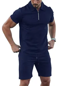 来样定做2024海军蓝男士短袖休闲马球风格衬衫短裤套装运动服街装运动服套装拉链马球swt