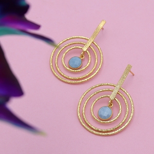 Dua <b>Blue</b> <b>Opal</b> Brass Drop <b>Earrings</b> Handmade 18K Gold Plating Elegant Trendy Natural Gemstone Wedding Women's Jewelry - Product Image 2