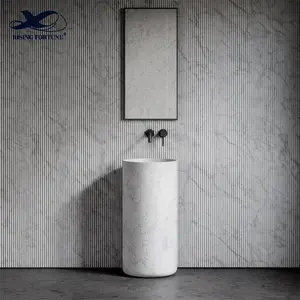 Marble white natural stone cylindrical round one piece bathroom sink freestanding pedestal hand wash basin in hotel