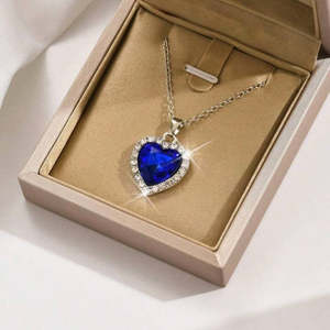 Colgante de Corazón de Plata Marcada con Sello y Zafiro, Cadena de Eslabones de Moda, Engaste de Bisel, Bañado en Rodio, Oro Rosa, Incrustaciones de Diamantes, Platino Principal - Product Image 2
