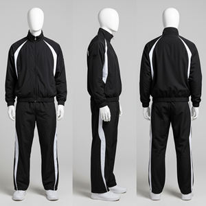 Ensemble de survêtement en nylon noir et blanc pour homme avec veste zippée à col montant et pantalon assorti, style streetwear décontracté - Product Image 1