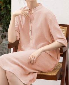 2024 vestido recto de manga tres cuartos con cuello en V y botones para mujer, ropa festiva lavable sostenible Natural tejida - Product Image 5