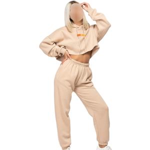 Custom 100% Cotton Fleece <b>Womens</b> Jogger Set Oversized Hoodie <b>Sweatpants</b> with Logo 2 Piece Crop Tracksuit for Winter - Product Image 1