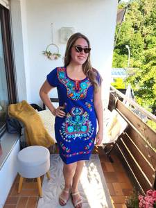 Vestido bordado mexicano azul vestido de algodón bohemio floral hecho a mano para mujer vestido túnica corta de estilo popular étnico - Product Image 3