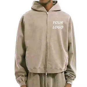 Sweat à capuche imperméable en molleton épais 350 g/m² en mélange polyester/coton brodé à double fermeture éclair, uni, style vintage délavé à l'acide - Product Image 3