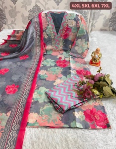 Designer Premium Quality Exclusive Latest Ethnic Jarna Silk Printed And Hand Work Kurti Pant Dupatta - Product Image 3