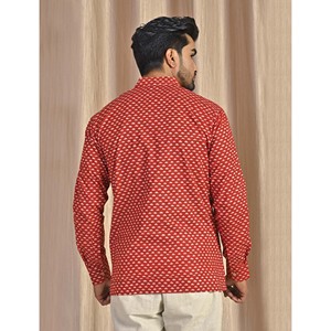 Kurta court en coton popeline bleu imprimé pour homme, chemise décontractée à manches longues, respirante et confortable - Product Image 6