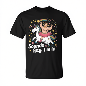 Camiseta Promocional con Estampado de Hombre Gay en una Bicicleta con Unicornio, Estilo Groovy - Product Image 2