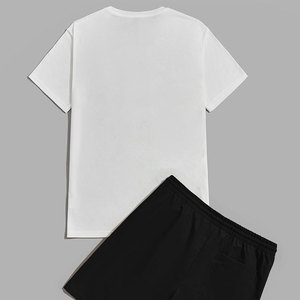 Ensemble T-shirt et short décontracté pour homme en coton blanc, motif feuille de palmier imprimé, col rond, tenue d'été respirante en tissu tricoté - Product Image 3