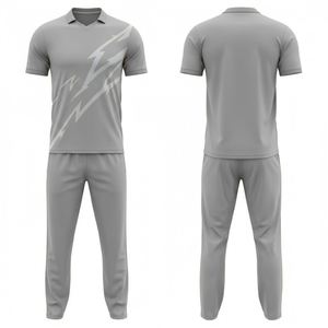 Conjunto de Uniforme de Cricket Personalizado para Hombre |   Conjunto de Jersey y Pantalón Gris Sublimado con Diseño Gráfico de Rayo Plateado - Product Image 3