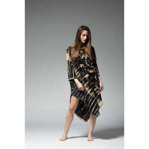 Robe asymétrique tie-dye pour femmes, noir beige, manches longues, robe midi haute-basse, style bohème moderne, vêtements décontractés - Product Image 3