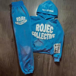 Personalizado de los hombres de peso pesado desgastado bordado Vintage ácido lavado pantalones de chándal con capucha conjunto de ropa de calle chándales de diamantes de imitación - Product Image 1