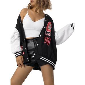 Chaqueta Varsity Personalizada para Mujer con Mangas de Cuero, Logotipo Bordado, Chaqueta de Béisbol Estilo Letterman Extra Grande - Product Image 3