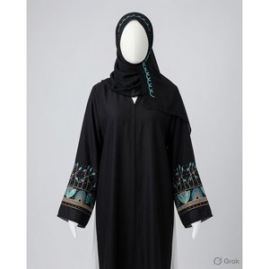 Elegante Conjunto Modesto Abaya Negro Turquesa Bordado - Product Image 1