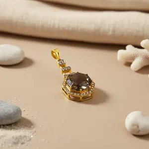 Collier pendentif en quartz fumé octogonal plaqué or pour femmes, produit de bijouterie fine - Product Image 2