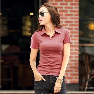 <b>Women's</b> Custom Logo Summer Cotton V-Neck T-<b>Shirt</b> Breathable Slim Fit Short Sleeve Lapel Fashion Casual Female Top Flannel Fabric - Product Image 3