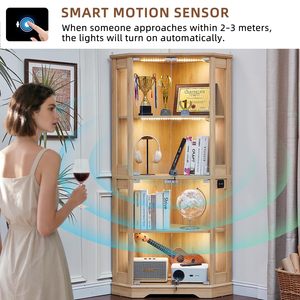 Vitrina de Esquina de Madera Estilo Rústico con Vidrio, Cerradura y Luz LED Ajustable, Exhibidor para Figuras de Acción <span class=keywords><strong>LEGO</strong></span> - Product Image 6