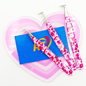 Pinces à extensions de cils professionnelles en gros, acier inoxydable, anti-magnétiques, durables, pour cils classiques et volumineux, camouflage rose - Product Image 2